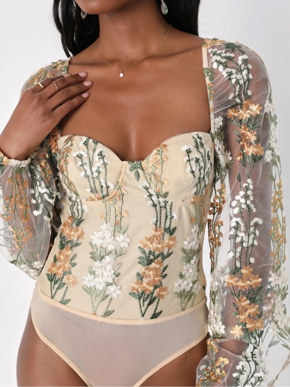 "Essence of Elegance Beige Embroidered Long Sleeve Bodysuit